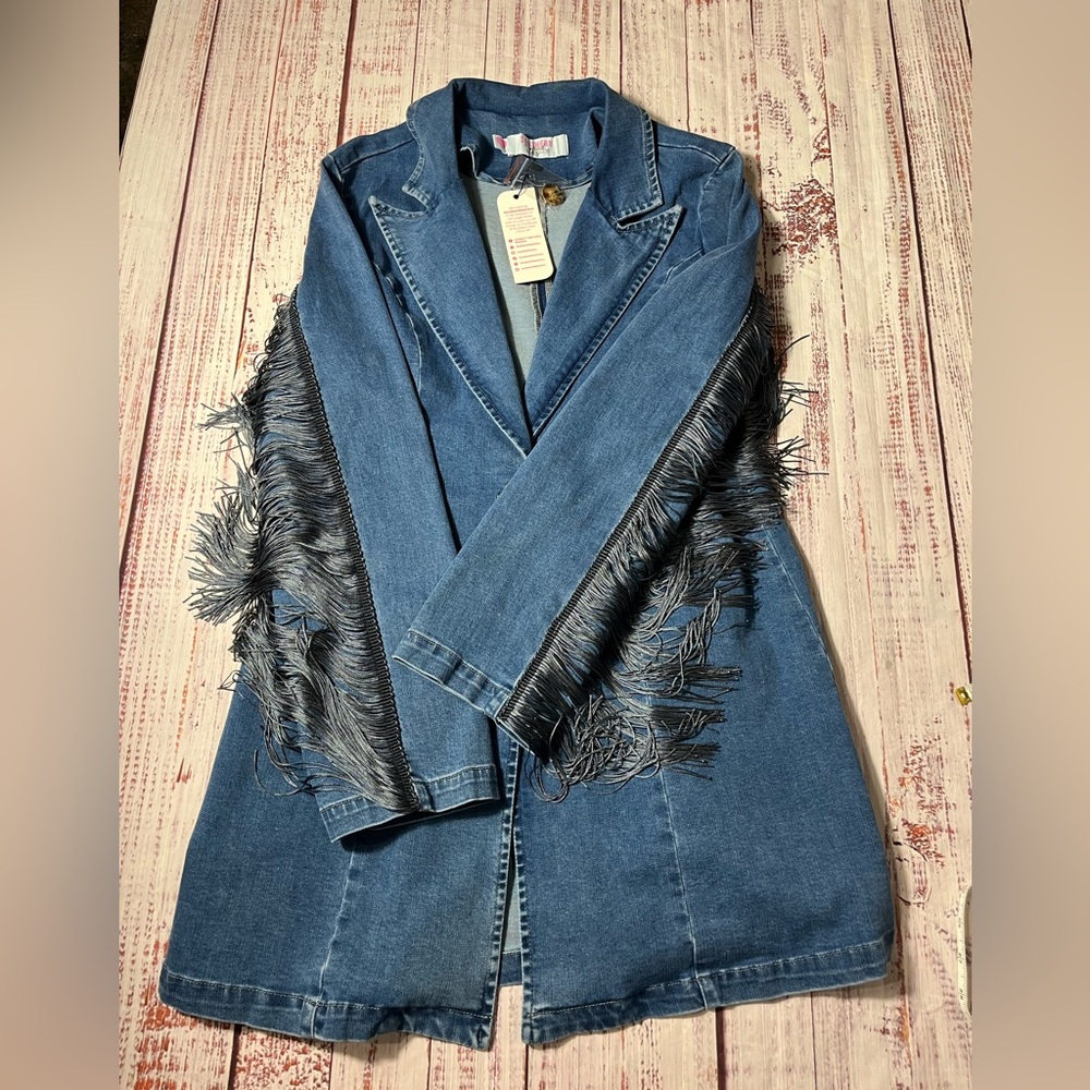 Denim Fringe Longline Jacket - Blue